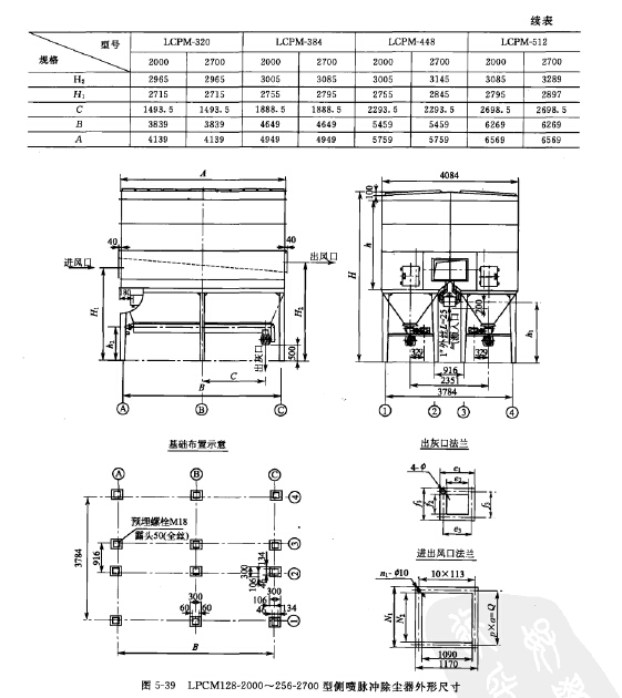 LPCM128-2000~256-2700型側噴脈衝除塵器外形尺寸