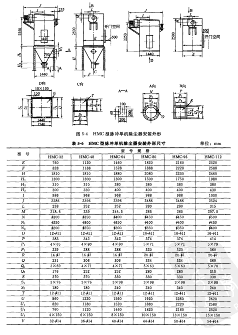 HMC型脈衝(chōng)單機除塵(chén)器安(ān)裝外形 HMC型脈衝單(dān)機除塵器安裝外形